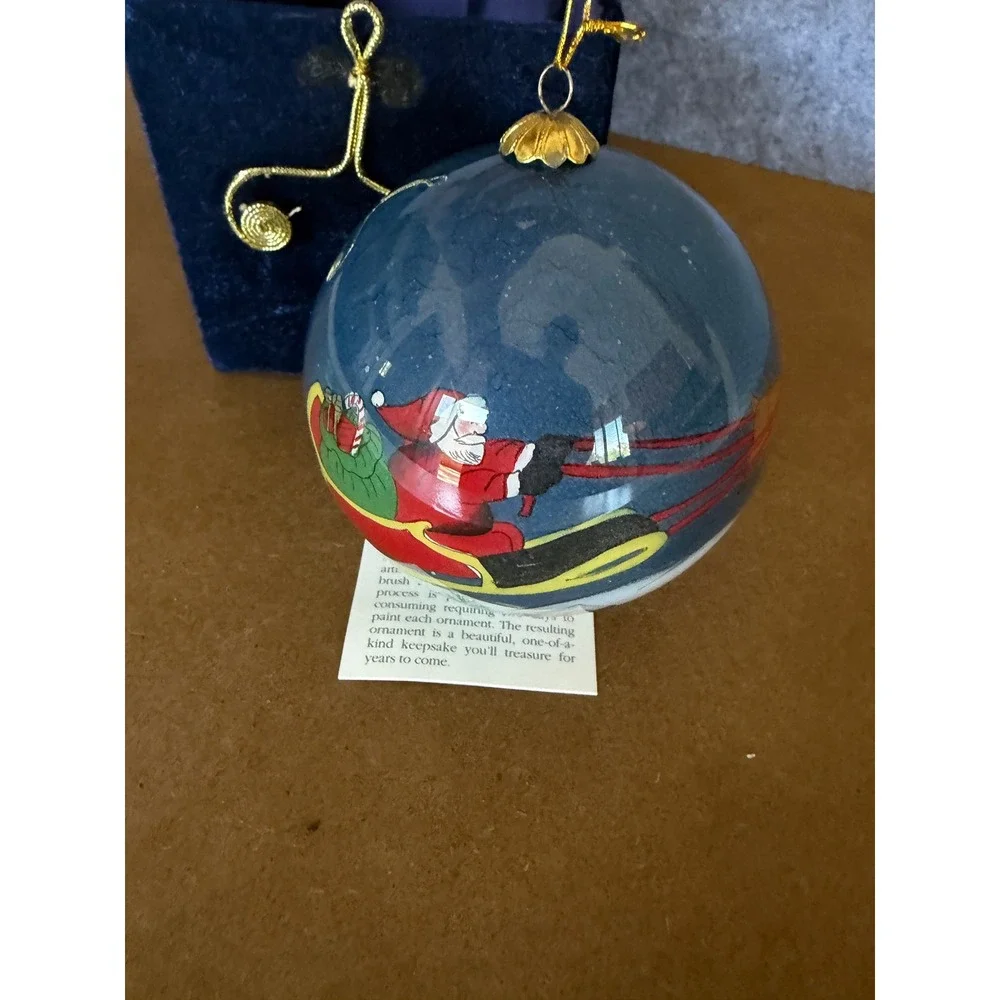Pier‎ 1 Li Bien 1999 Santa Sleigh Reindeer Hand Painted Glass Ornament with Box